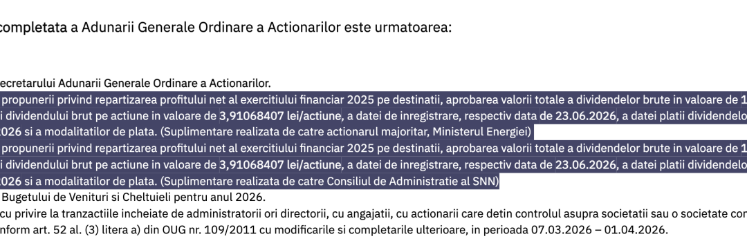 Ministerul Energiei solicită distribuirea de dividende de 1,17 miliarde de lei la Nuclearelectrica, după ce acum o săptămână a respins o propunere identică; Și Consiliul de Administrație al SNN a revenit, pe cont propriu, cu aceeași propunere; Bolojan, care critica Hidroelectrica pentru că nu face investiții, este ministru interimar la energie